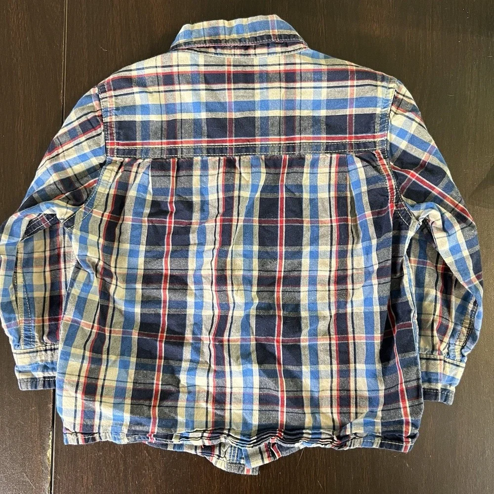 OshKosh B'gosh Toddler Boys Plaid Button Shirt 24M Red Blue‎ Long Sleeve EUC